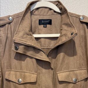 Beceel Soft Tan Cargo Jacket for Women, Zip and Snap Front, Adjustable Waist, L